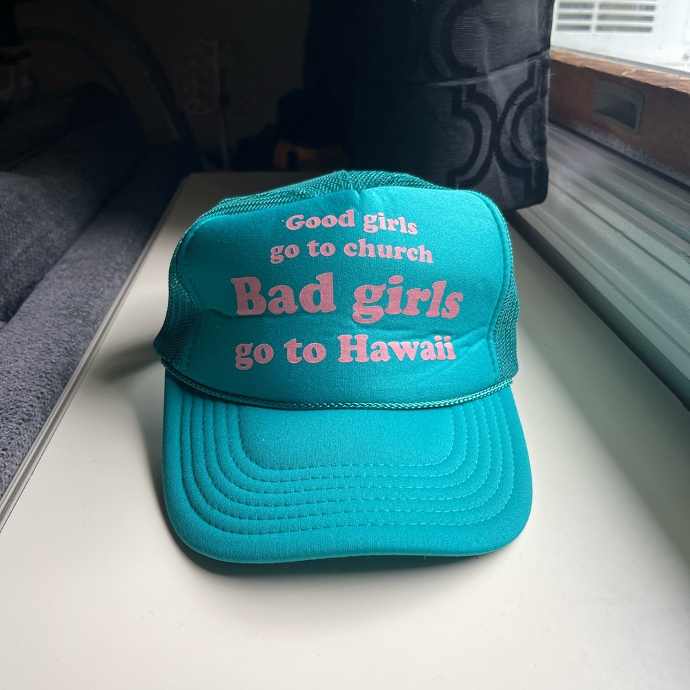 Teal Trucker Hat with Pink Text